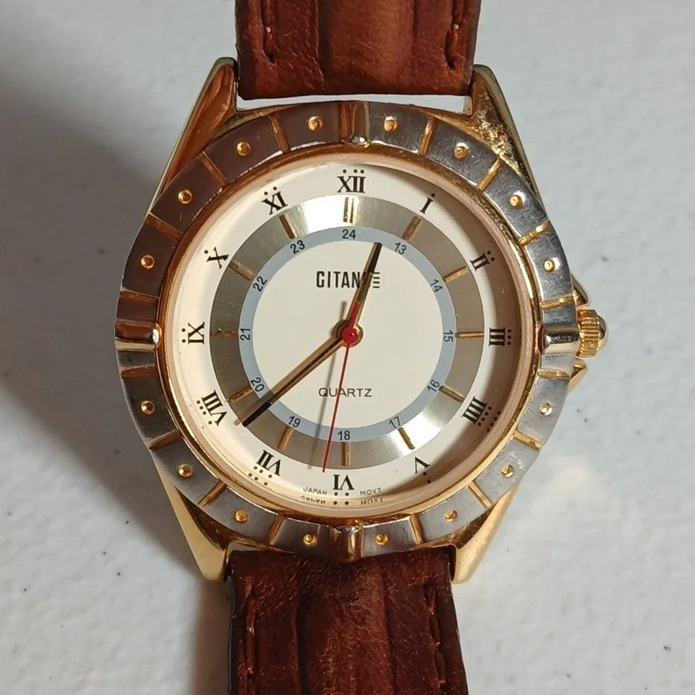 Gitane Quartz Watch Mens Brown Gold Two Tone Dress Casual 1990s Vintage